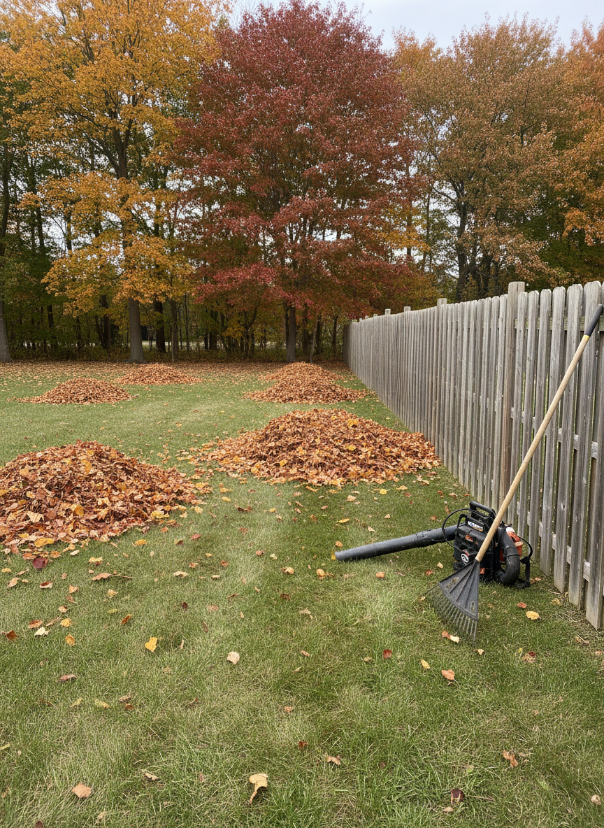 A detailed, photographic realism scene of a seasonal cleanup in progress without any people visible: a backyard scattered with neat piles of dry, curled autumn leaves on a partially cleared lawn. A professional-grade leaf blower and rake rest against a sturdy wooden fence, both slightly to the side of the frame. The remaining trees in the background show late-fall colors of amber, rust, and gold. Soft, diffused afternoon light from an overcast sky enhances the earthy tones and subtle textures of the leaves and grass, with gentle shadows under the tools. Captured from an eye-level angle with moderate depth of field, focusing on the transition between cleared and leaf-covered areas. The mood is productive, organized, and trustworthy, highlighting thorough property care during Michigan’s changing seasons.