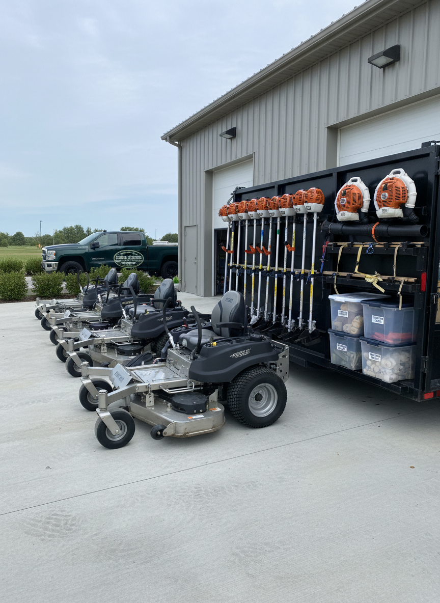 A neatly organized row of professional lawn and landscaping equipment staged on a clean concrete pad beside a metal-sided service building, with no people present. There is a line of commercial-grade zero-turn mowers, a trailer with mounted trimmers and blowers, and clearly labeled storage bins for materials. The Griffith Brothers Outdoor Services logo is prominently displayed on the side of a clean, dark-green utility truck parked in the background, slightly softened by depth of field. Bright but diffused midday light under a lightly overcast Michigan sky ensures even illumination with minimal harsh shadows. Photographic realism captured from a three-quarter angle, emphasizing reliability and readiness. The atmosphere feels professional, efficient, and trustworthy, suggesting a well-run, local company committed to consistent, high-quality outdoor service.