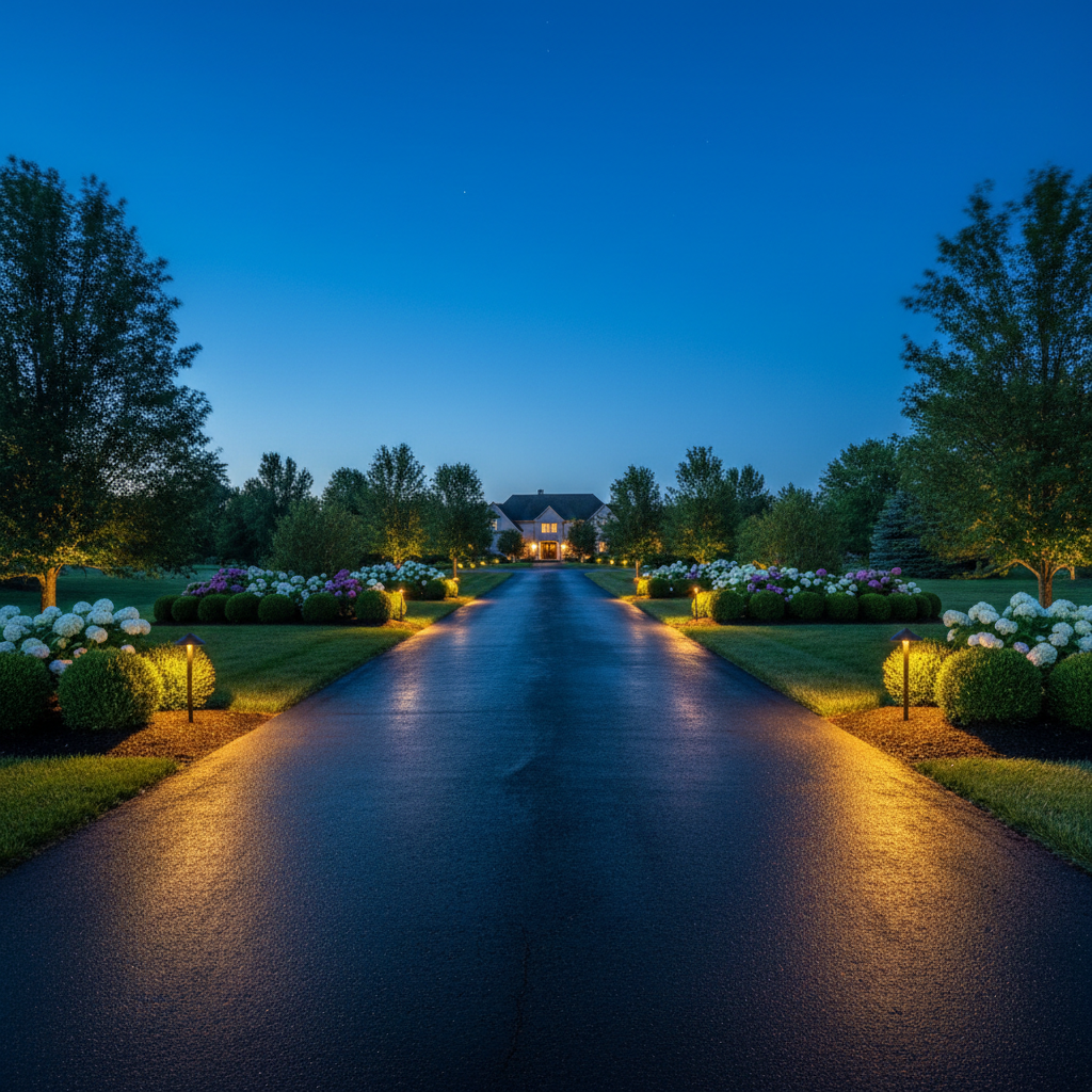 A long, straight residential driveway in Grand Blanc bordered on both sides by perfectly trimmed grass, symmetrical planting beds, and evenly spaced landscape lighting fixtures. The asphalt is clean and free of debris, with subtle reflections from a recent light rain. Low, structured shrubs and compact flowering plants follow the gentle curve of the driveway toward a house that is softly blurred in the distance. Early evening blue-hour lighting combines with warm, low-voltage landscape lights that cast soft pools of light onto the mulch and plants, creating delicate shadows. Photographic realism shot from a low, leading-line perspective that draws the eye down the driveway. The overall mood is secure, polished, and dependable, conveying a well-maintained property cared for by professional outdoor service experts.