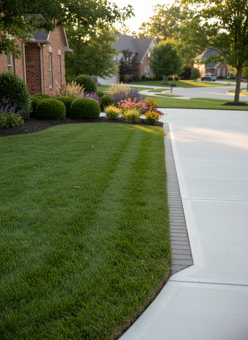 A meticulously maintained suburban front yard in Grand Blanc, Michigan, featuring a lush, evenly cut green lawn bordered by clean, crisp edging along a concrete driveway and walkway. Neatly arranged foundation plantings of boxwoods, ornamental grasses, and flowering perennials frame a brick home in the background, slightly out of focus. Soft late afternoon natural light casts gentle shadows from mature trees, highlighting the rich textures of the grass and mulch beds. Photographic realism at eye-level, using rule-of-thirds composition with sharp focus on the lawn and edging, and a subtly blurred neighborhood street beyond. The mood is dependable, welcoming, and professional, emphasizing precise, detail-focused outdoor care without any clutter or human presence.