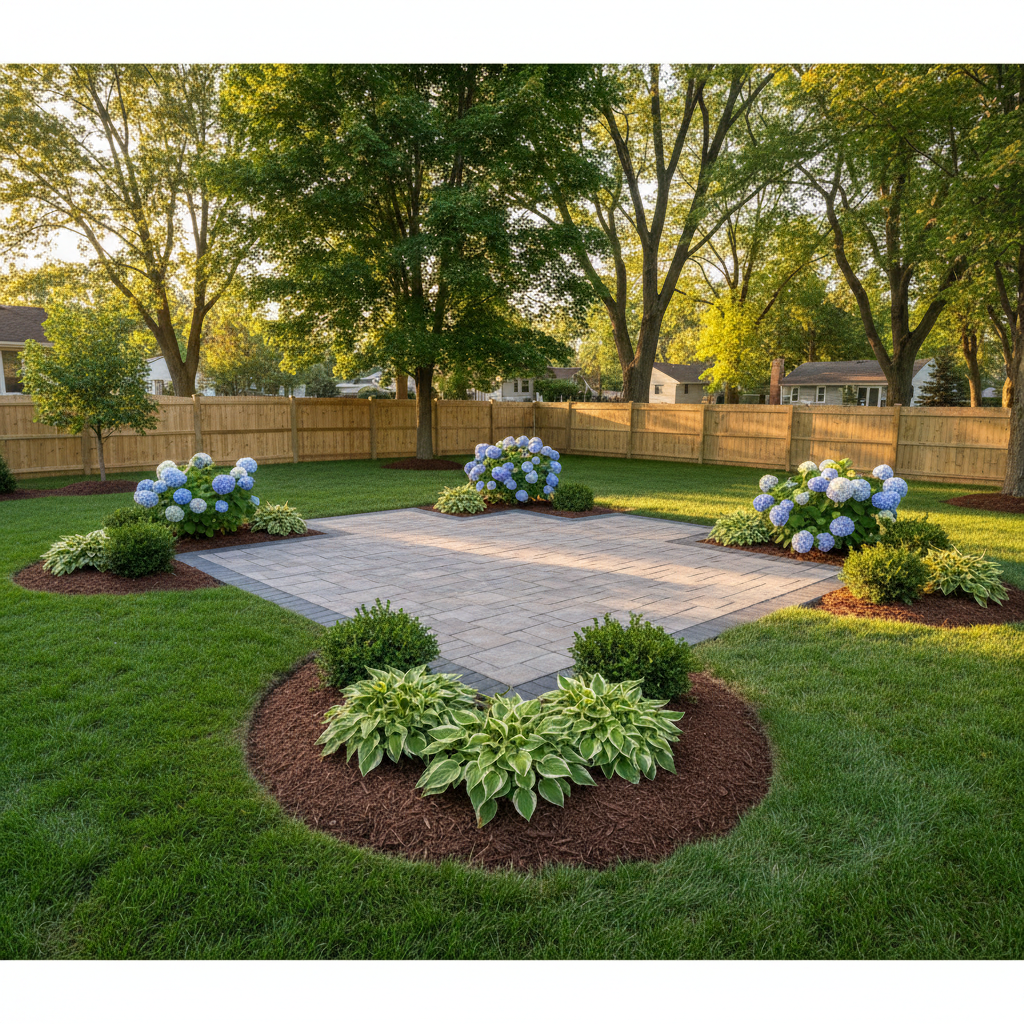A backyard landscape transformation showcasing a professionally designed outdoor living space: a clean paver patio in warm gray tones with precise joint lines, surrounded by fresh dark-brown mulch beds and layered plantings including hostas, hydrangeas, and compact evergreens. A neatly edged, vibrant lawn wraps around the patio, with a wooden privacy fence and mature maples in the soft-focus background. Golden hour sunlight creates a warm, inviting glow, accentuating the textures of stone, wood, and foliage. Shot from a slightly elevated angle in photographic realism, with balanced composition and depth-of-field that keeps the entire scene sharp. The atmosphere feels organized, comfortable, and high-quality, reflecting reliable, detail-oriented outdoor services in a Michigan neighborhood setting.